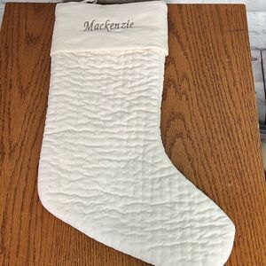 {Pottery Barn} quilted stocking with name Mackenzie embroidered in Gray
